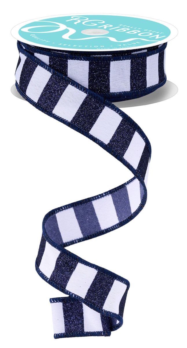 Shop For 7/8in Horizontal Glitter Stripe Ribbon: Navy Blue/White (10 Yards)