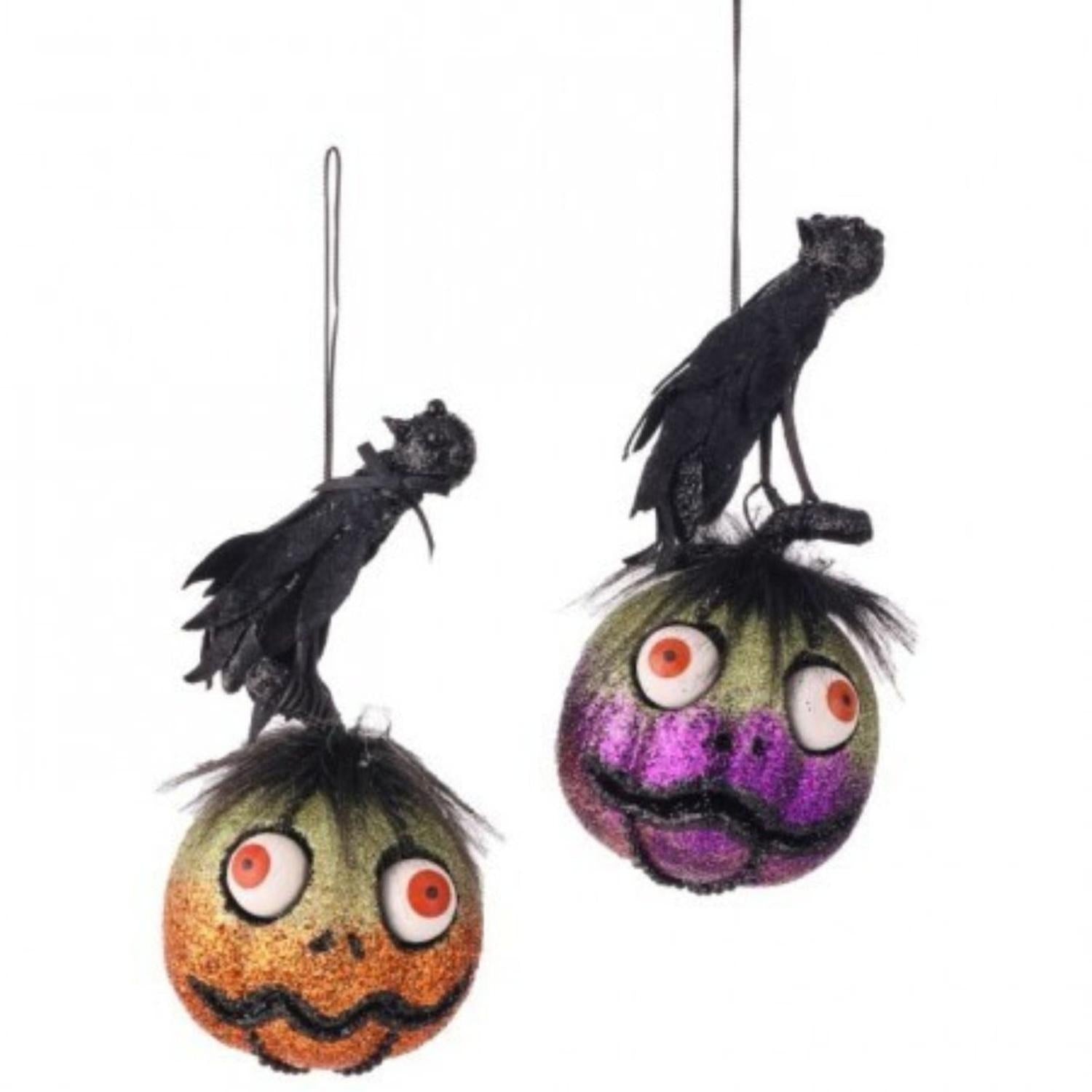 8" Glitter Pumpkin with Crow Hanger