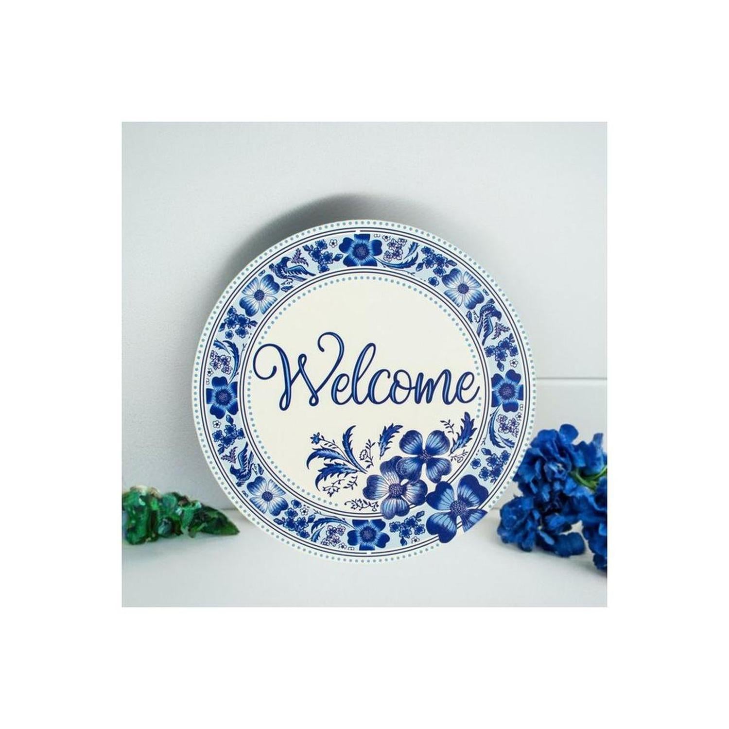 8" Metal Round Sign: Welcome Blue Floral