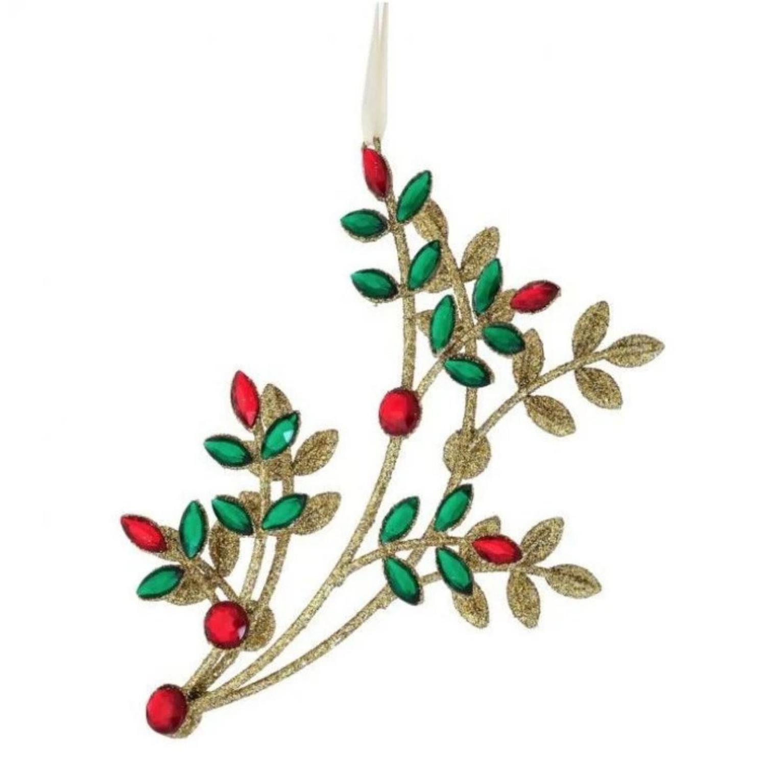 8.5" Glitter Wire Jewel Flower Branch Ornament: Red/Green