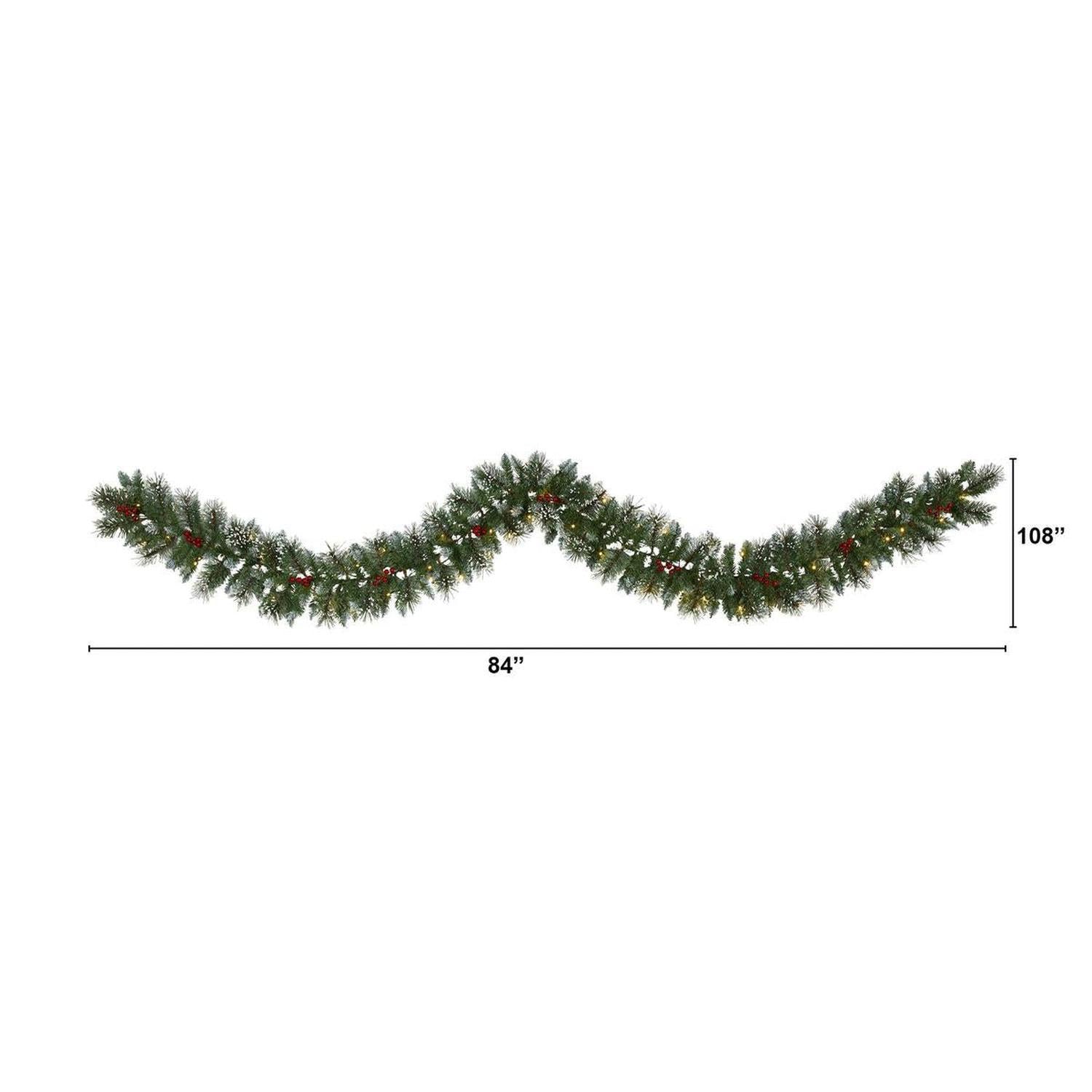 9’ Frosted Swiss Pine Artificial Garland with 50 Clear LED Lights and Berries