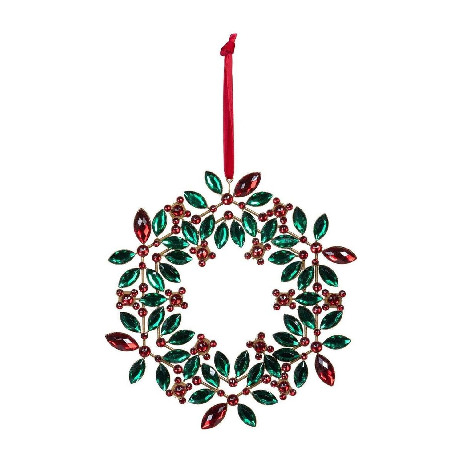9.5" Jeweled Holly Wreath Ornament: Red/Green