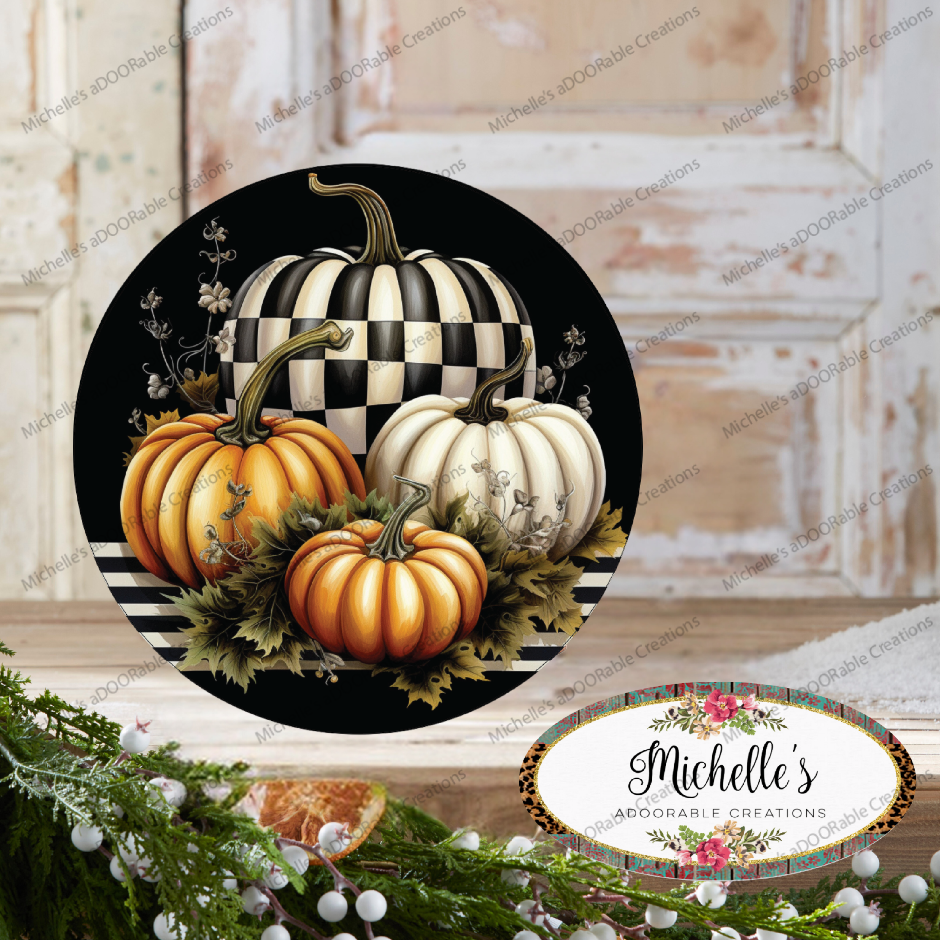 Shop For Black Checked Pumpkin Sign - Wreath Enhancement