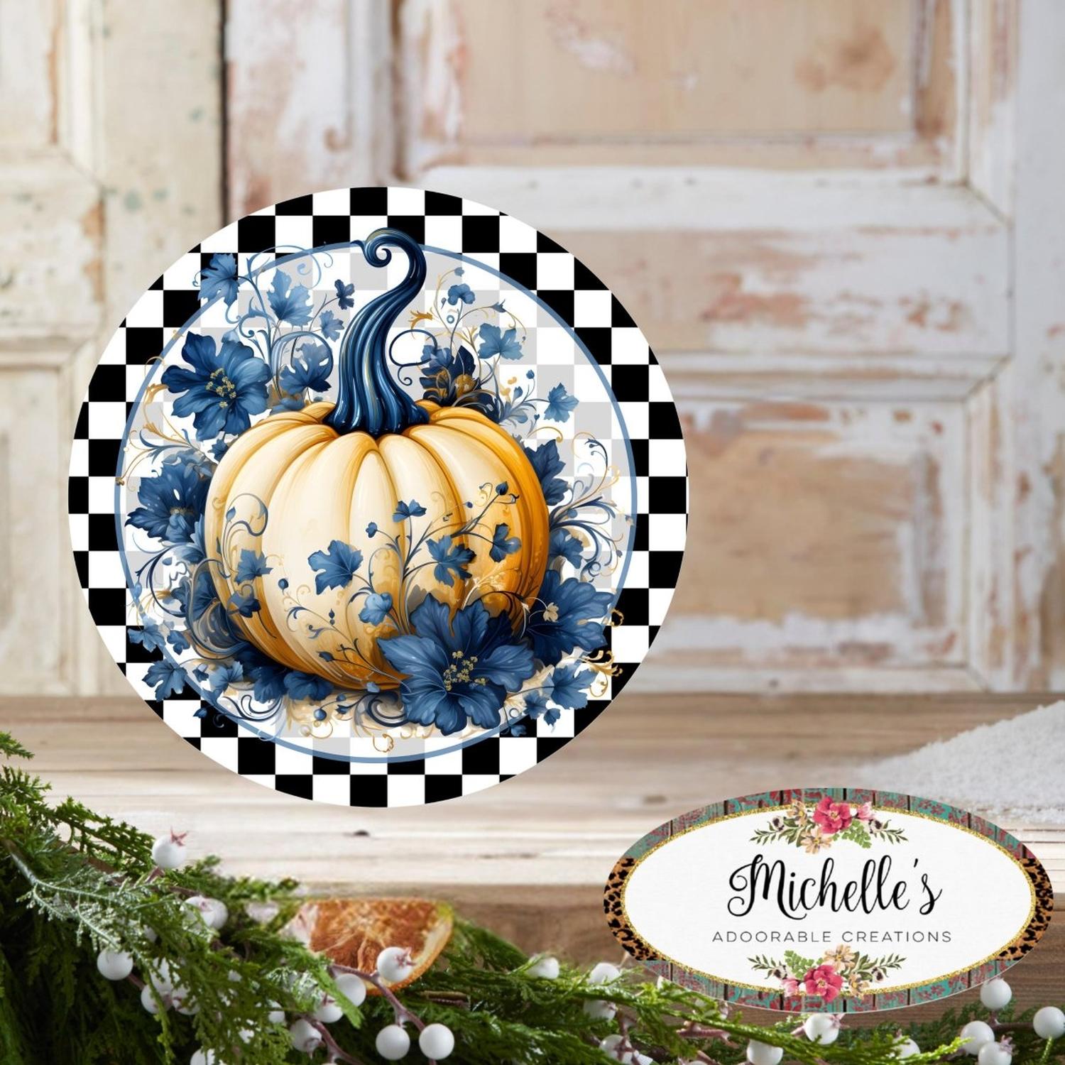 Blue Chinoiserie Floral Pumpkin Round Sign