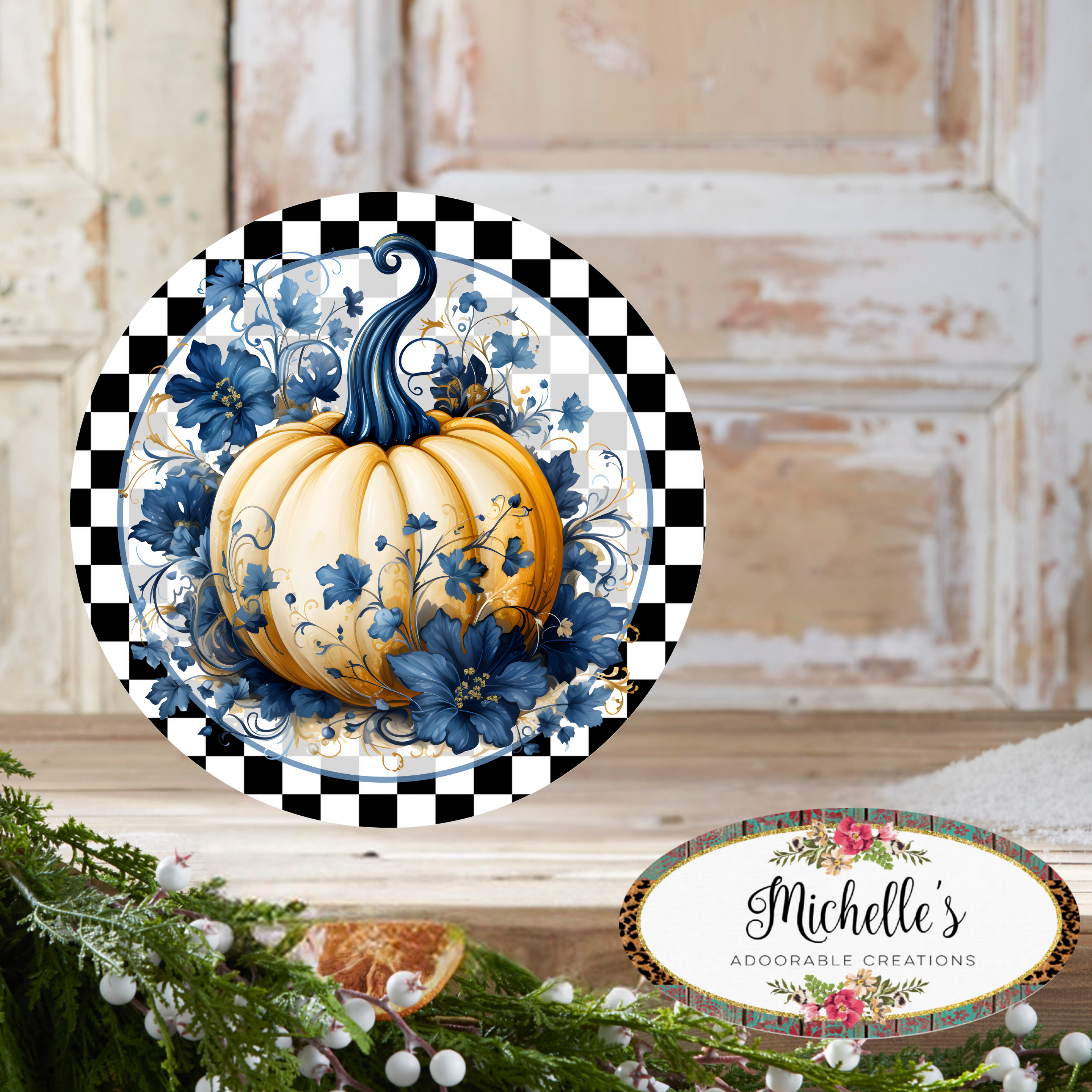 Shop For Blue Chinoiserie Floral Pumpkin Round Sign