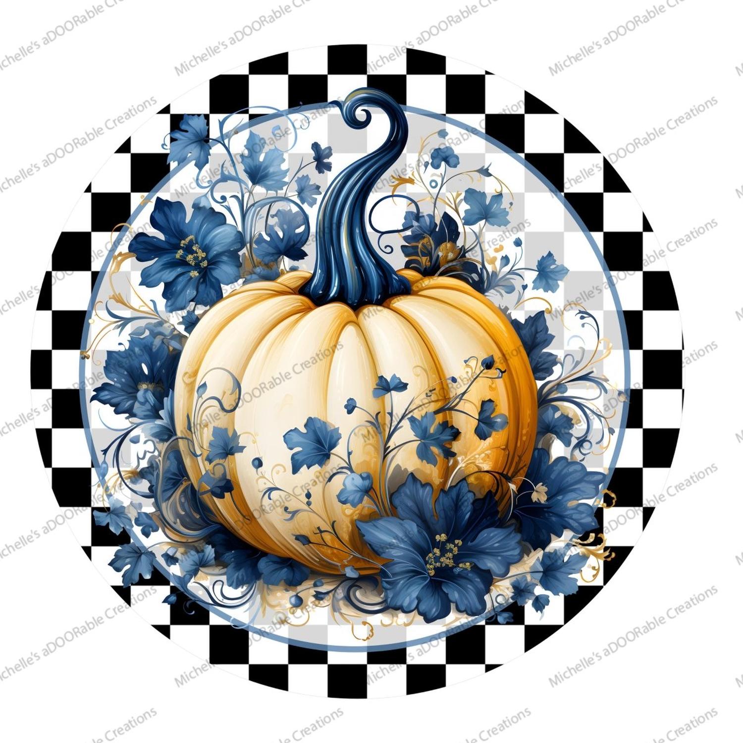 Blue Chinoiserie Floral Pumpkin Round Sign