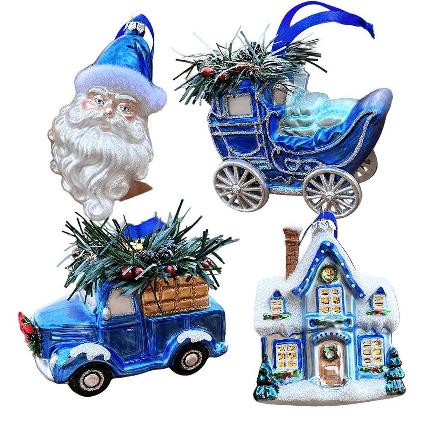 Blue Christmas Glass Ornaments, Set of 4