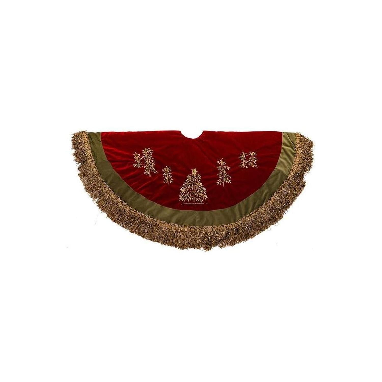 Burgundy Velvet Ribbon Tree Skirt With Green Tassel Border