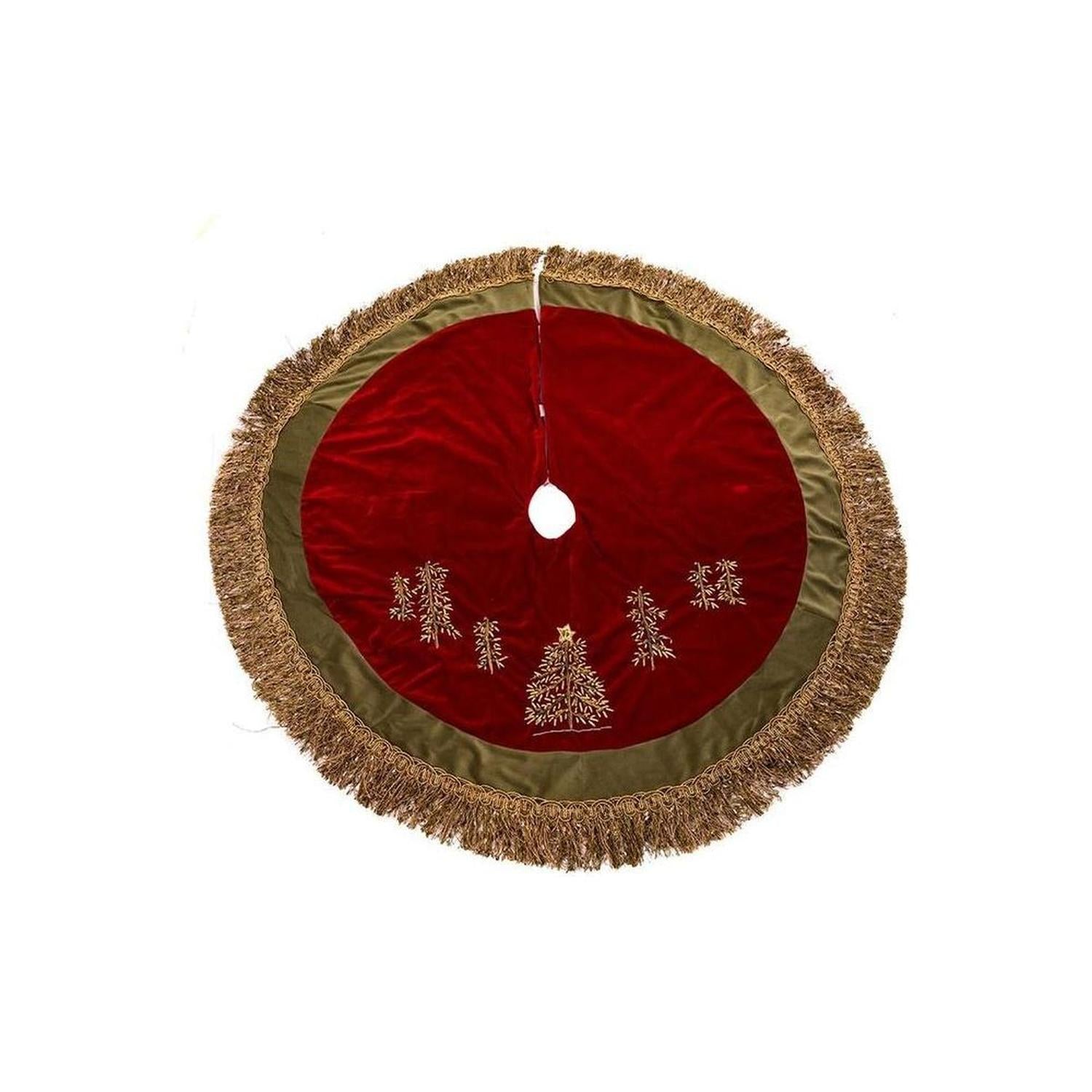 Burgundy Velvet Ribbon Tree Skirt With Green Tassel Border