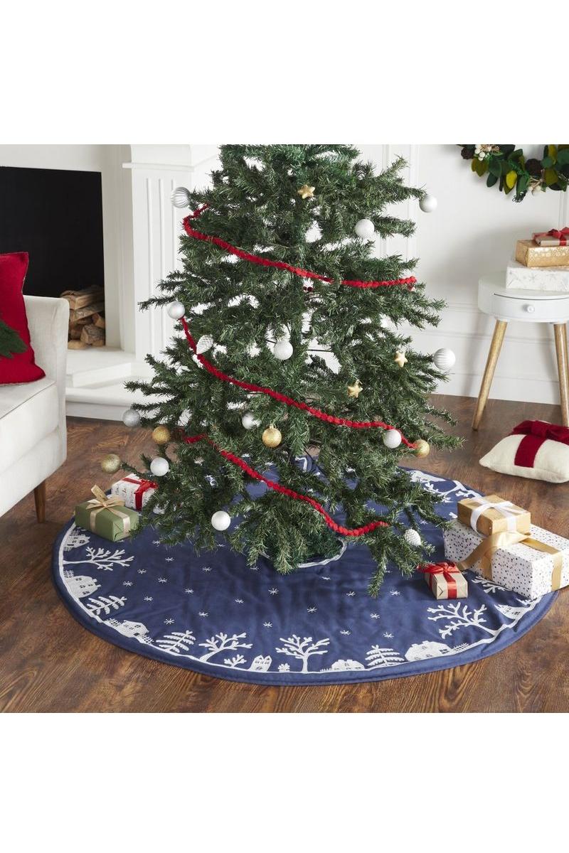 Shop For Christmas Tree Skirt - Village Scene on Navy Blue at Michelle's aDOORable Creations