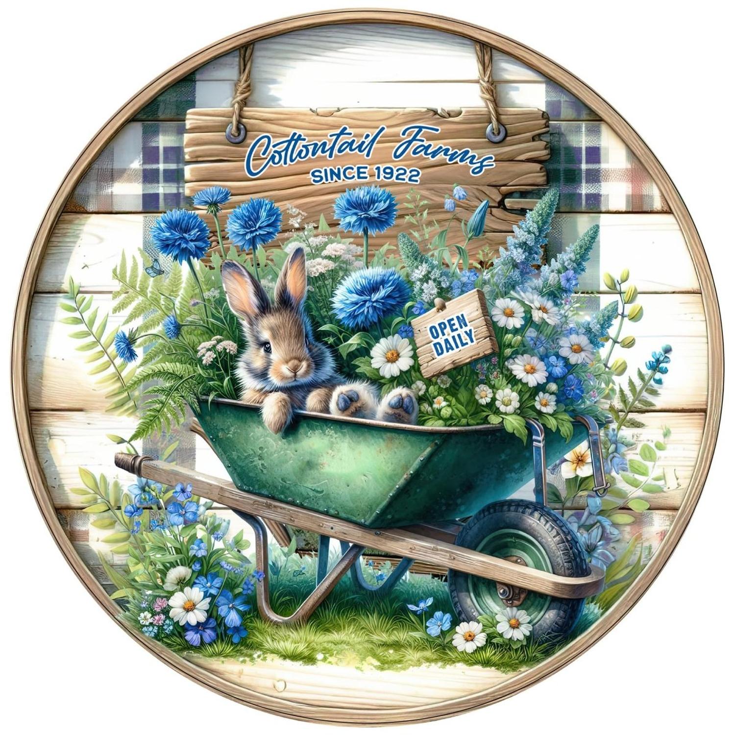 Cottontail Farms Blue Floral Bunny Metal Sign