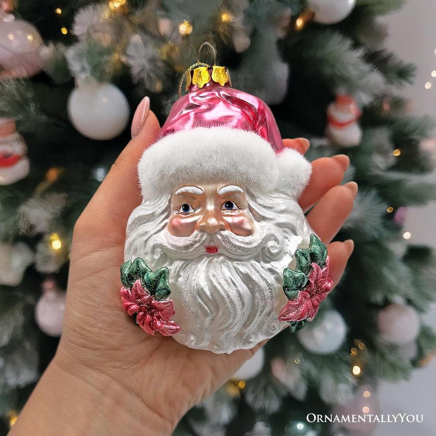 Enchanting Pink Santa Head Glass Ornament