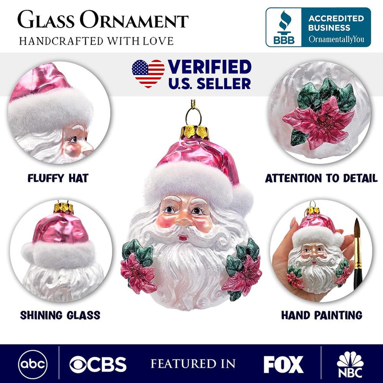 Enchanting Pink Santa Head Glass Ornament