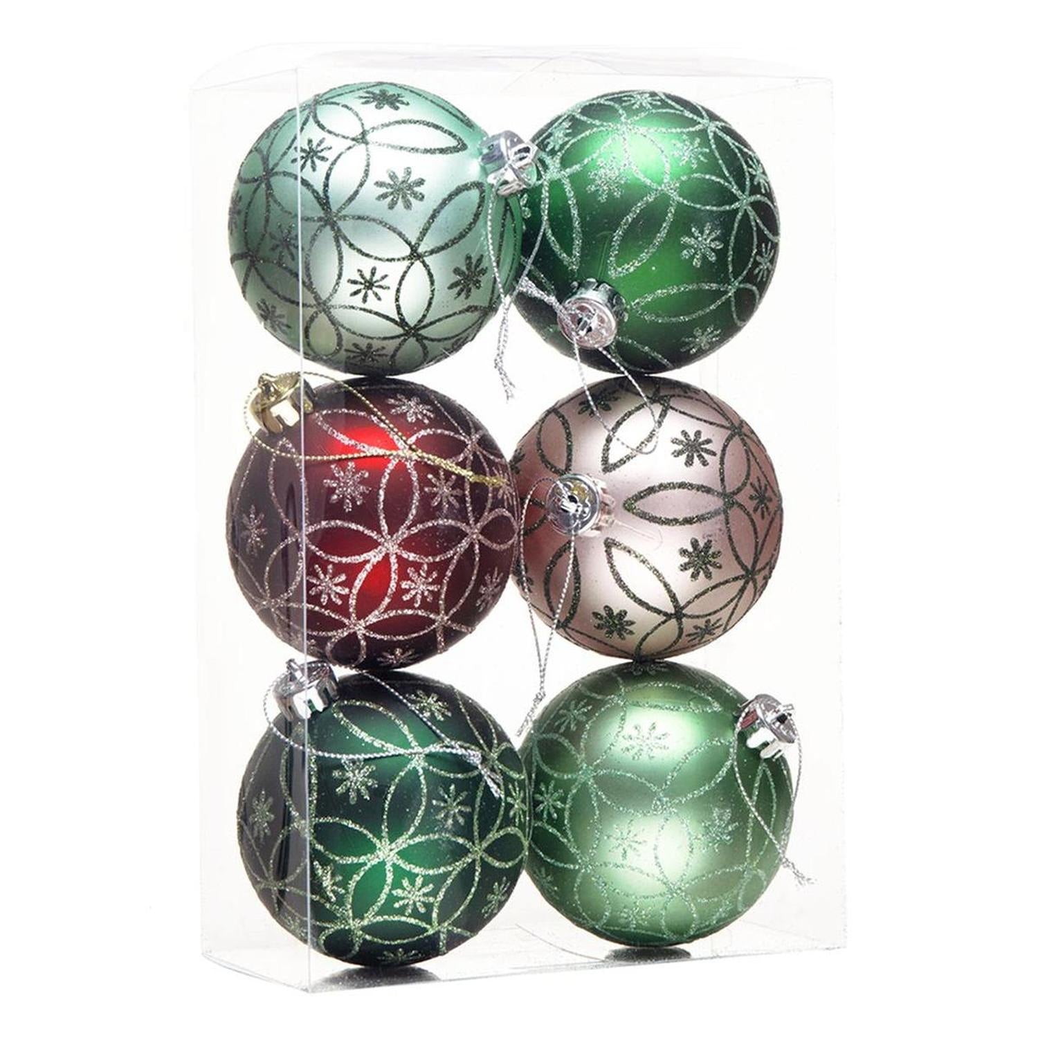 Enchanting Subtle Nature Ornament Bundle, Set of 6 Pine Green, Light Green, Mint Green, Pink and Matte Red Baubles