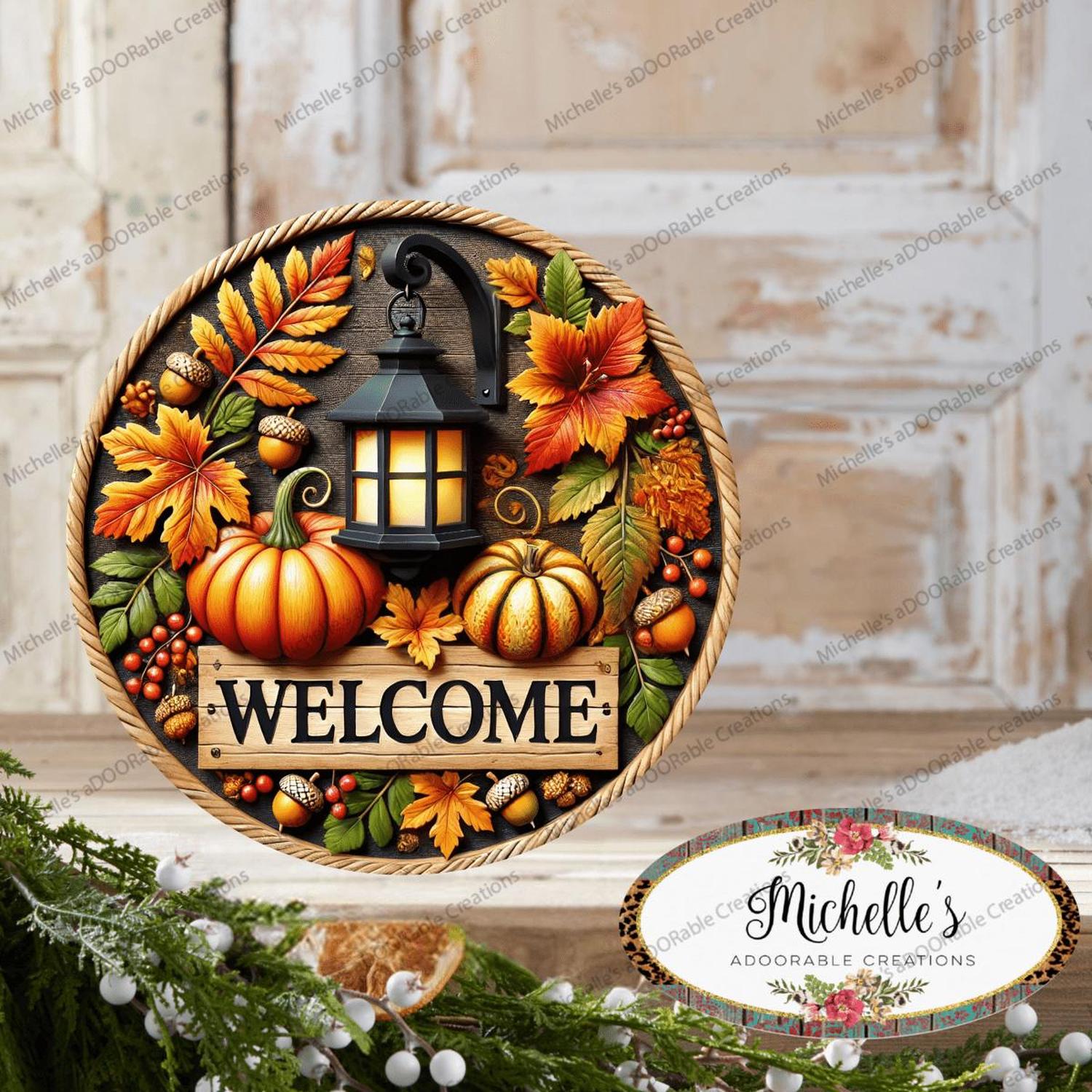 Fall Foliage Lantern Welcome Round Sign