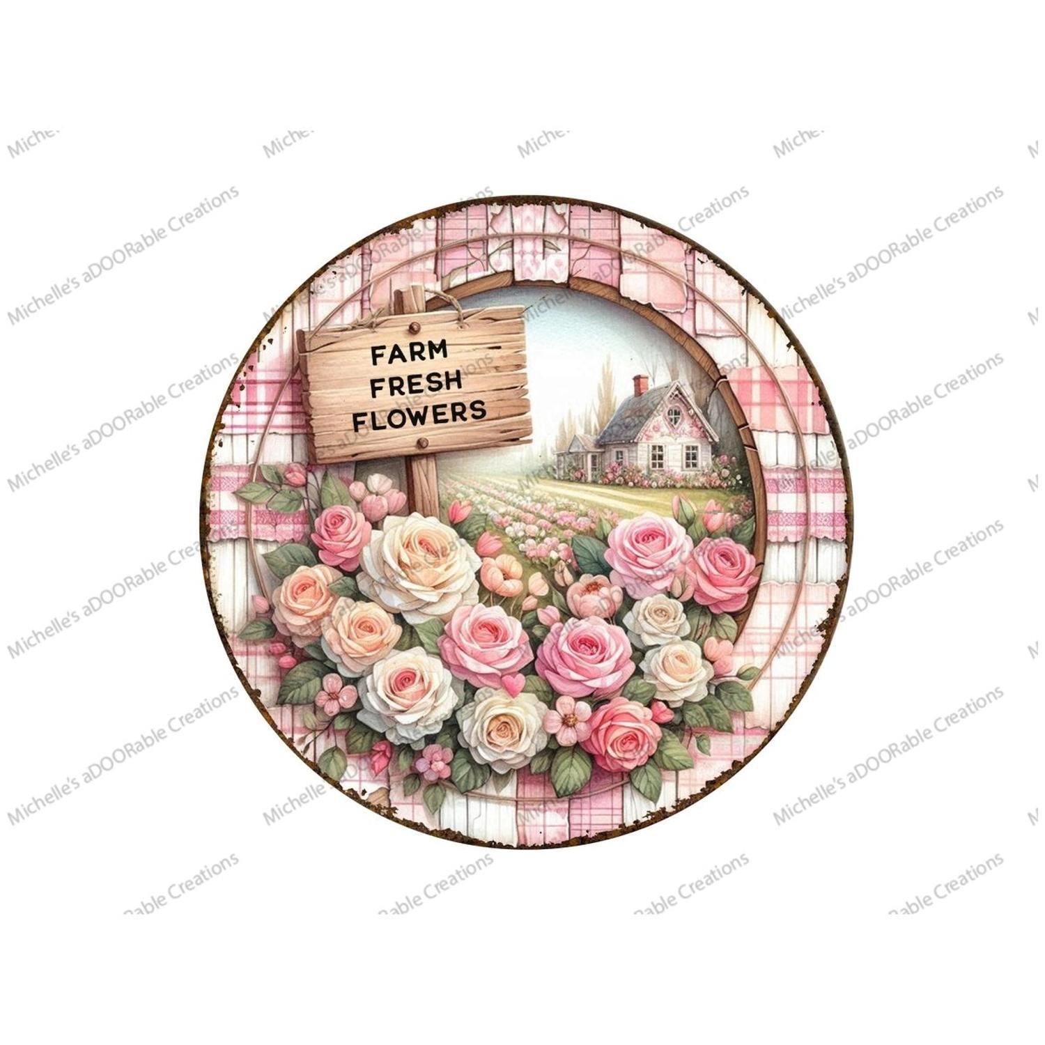 Farm Fresh Pink Flowers Metal Sign