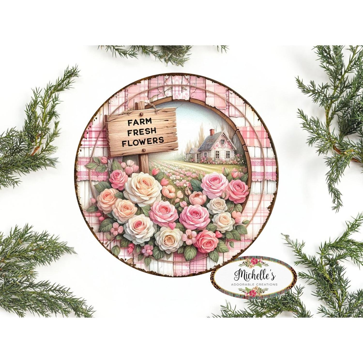 Farm Fresh Pink Flowers Metal Sign