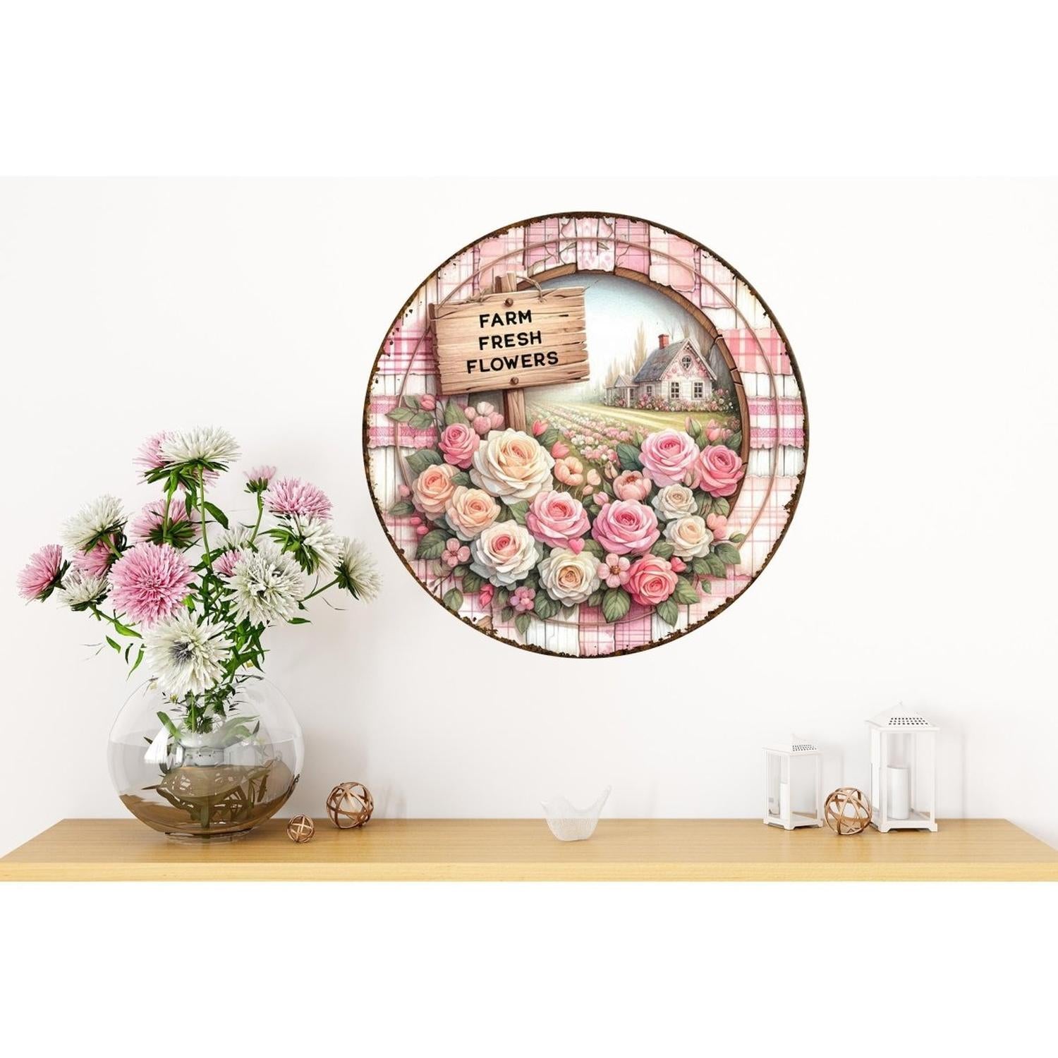 Farm Fresh Pink Flowers Metal Sign