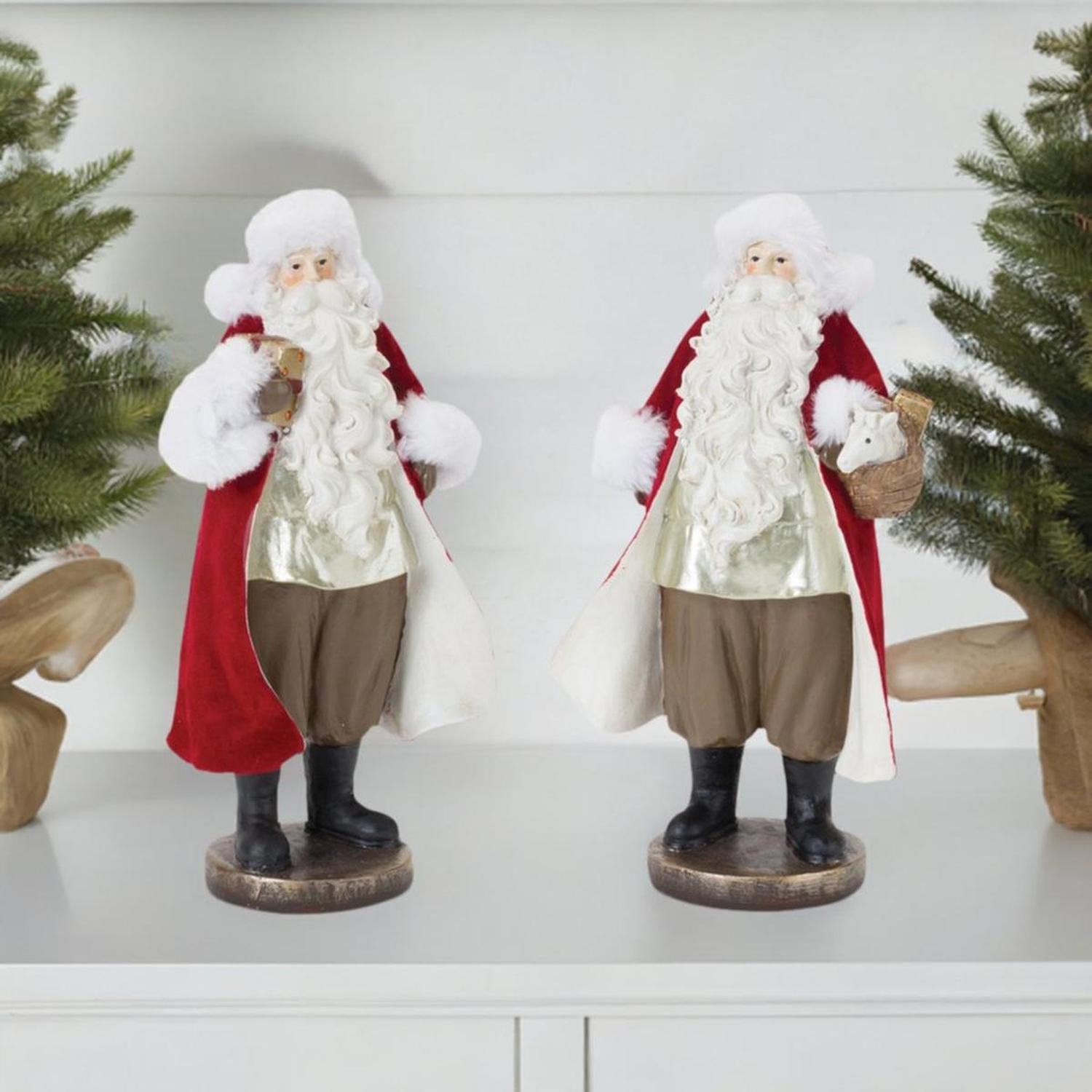 Flocked Santa Figurine with Toy Accents (Set of 2)