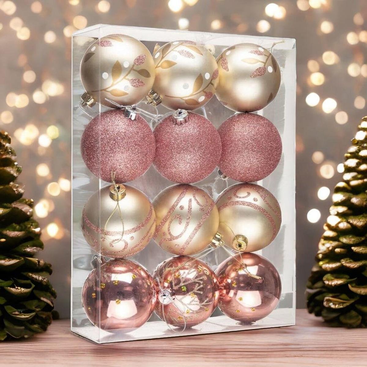 Shop For Glamorous and Cute Shiny Pink and Rose Gold Christmas Ornament Set, Glittered and Girly Feminine Holiday Baubles
