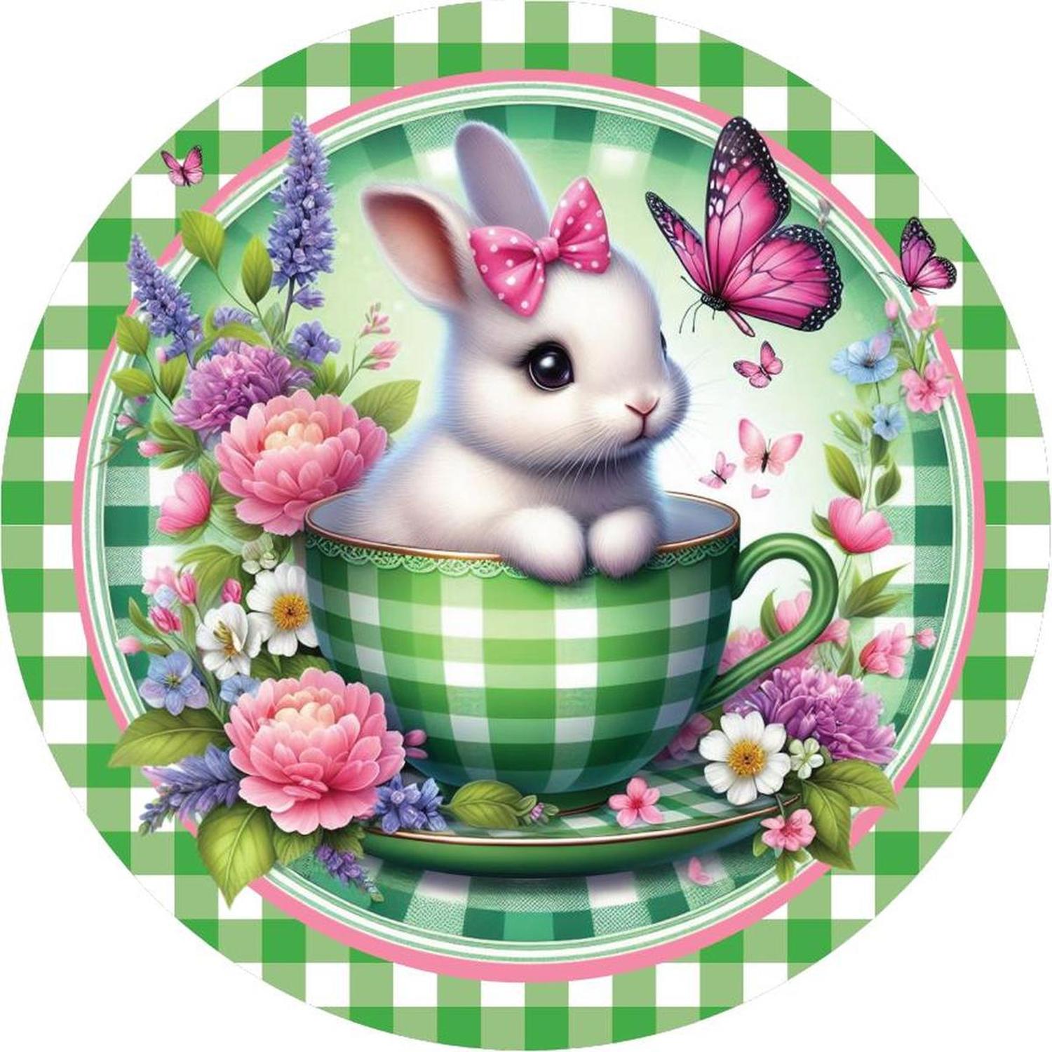 Green Check Easter Spring Bunny Teacup Sign