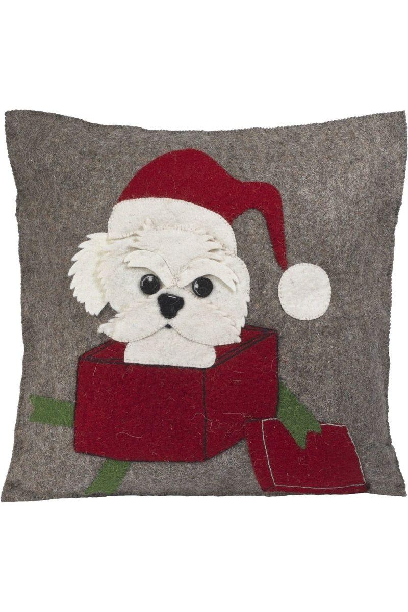 Shop For Hand Felted Wool Christmas Dog In Bow Pillow at Michelle's aDOORable Creations