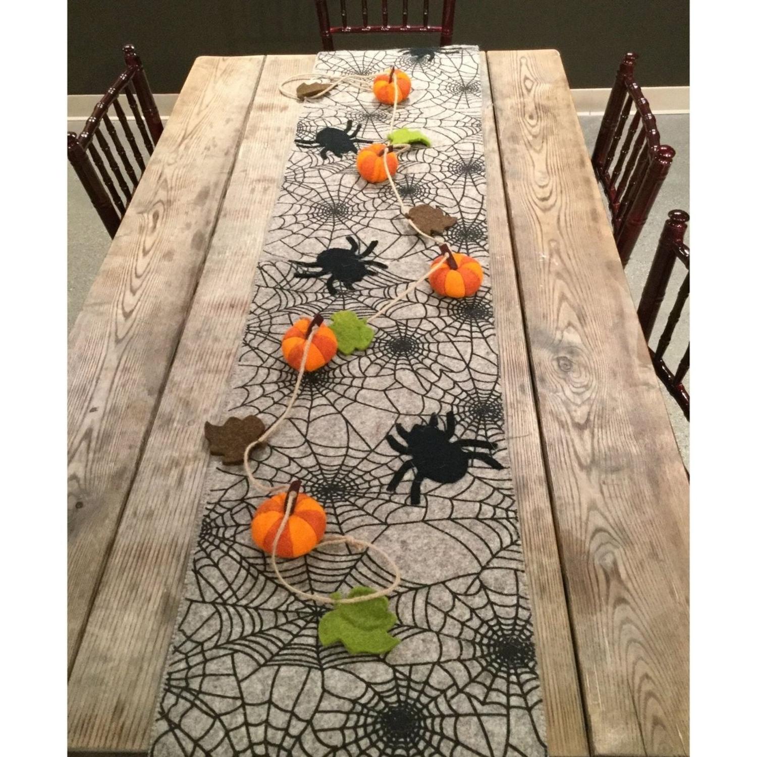Hand Felted Wool Halloween Spider Web Table Runner - 14x72" Arcadia Home