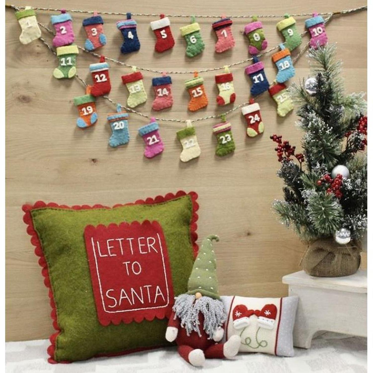 Handmade Christmas Pillow Hand Felted Wool - Letter to Santa Pocket Green - 18" Arcadia Home