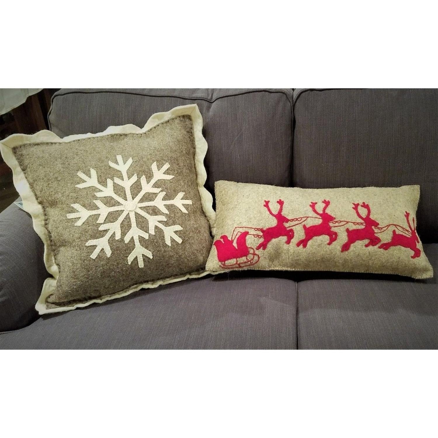 Handmade Christmas Pillow Hand Felted Wool - Red Reindeer Gray - 12"x24" Arcadia Home