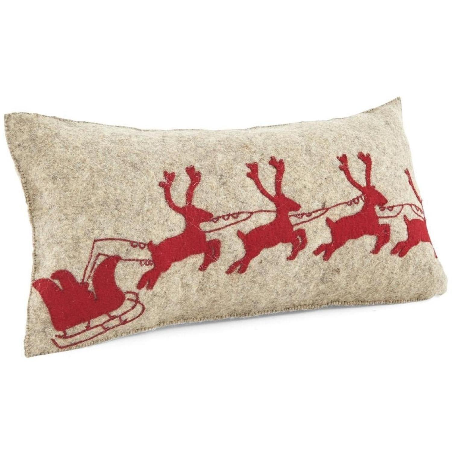 Handmade Christmas Pillow Hand Felted Wool - Red Reindeer Gray - 12"x24" Arcadia Home