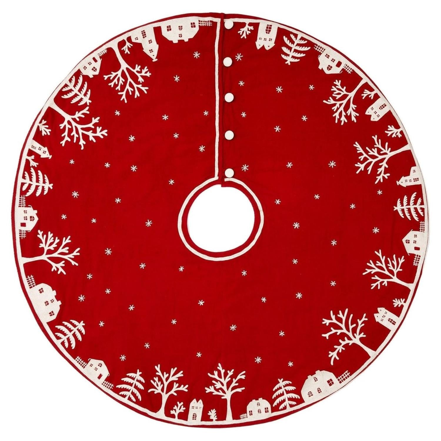 Handmade Christmas Tree Skirt Cotton - Village Scene Red - 60" Arcadia Home