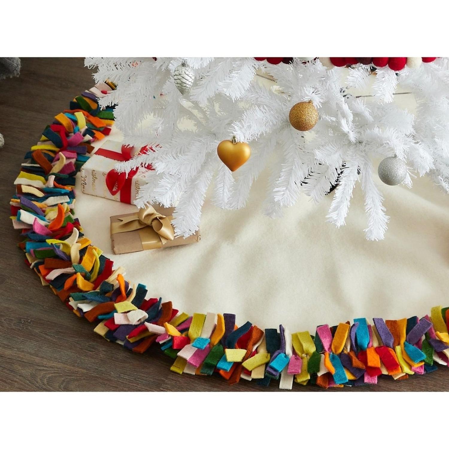 Handmade Felt Multicolor Fringe Border Cream Christmas Tree Skirt Arcadia Home