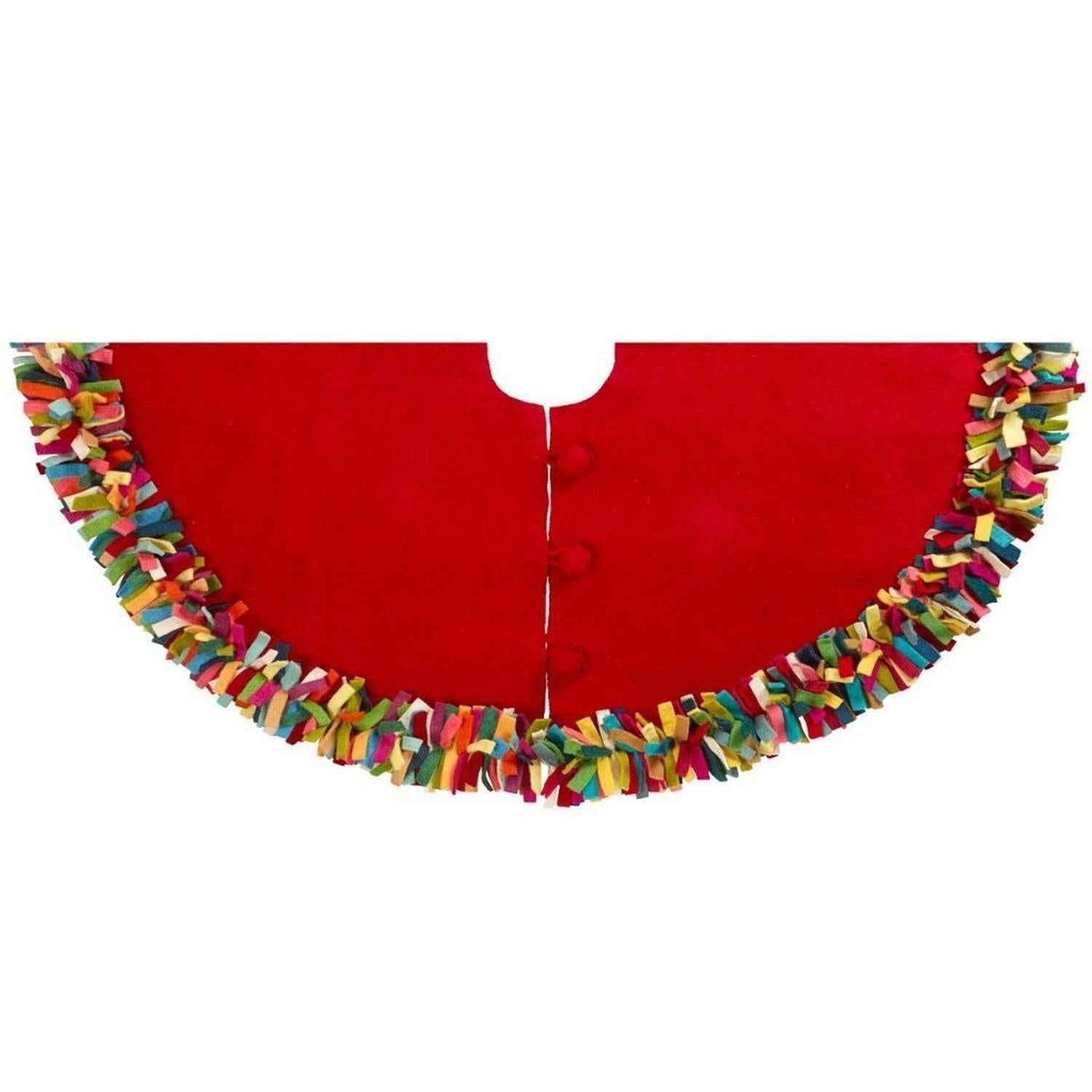 Handmade Felt Multicolor Fringe Border Red Wool Christmas Tree Skirt Arcadia Home