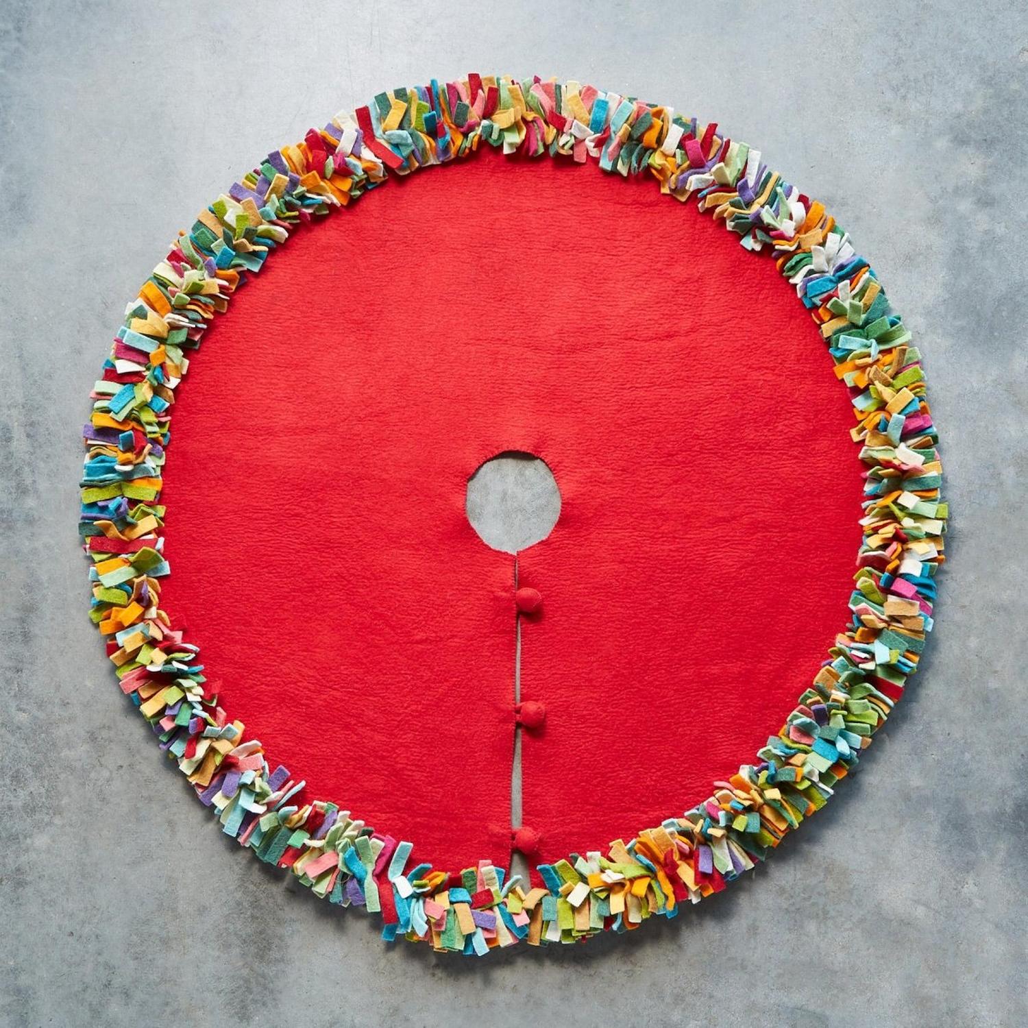 Handmade Felt Multicolor Fringe Border Red Wool Christmas Tree Skirt Arcadia Home