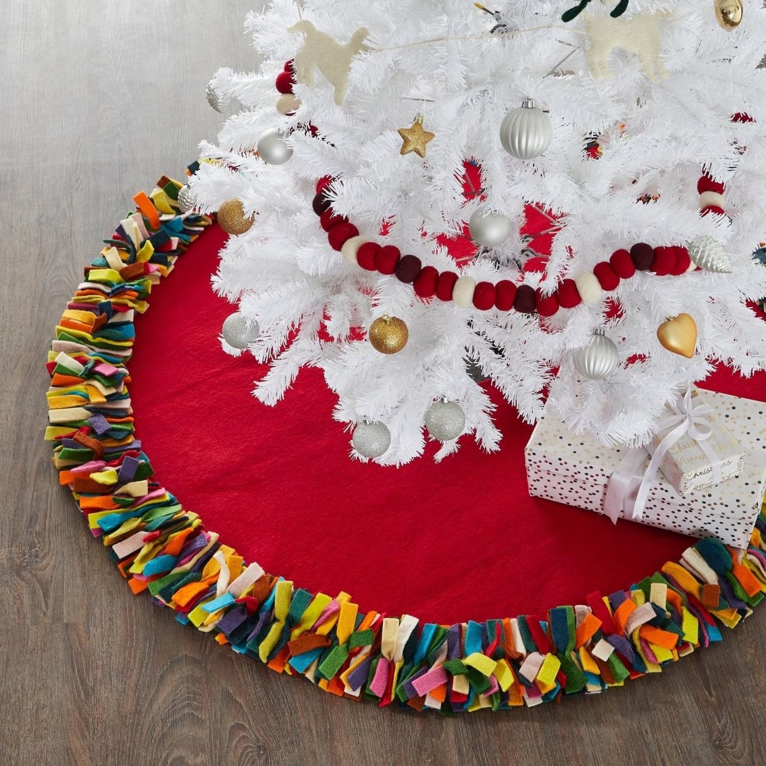Handmade Felt Multicolor Fringe Border Red Wool Christmas Tree Skirt Arcadia Home