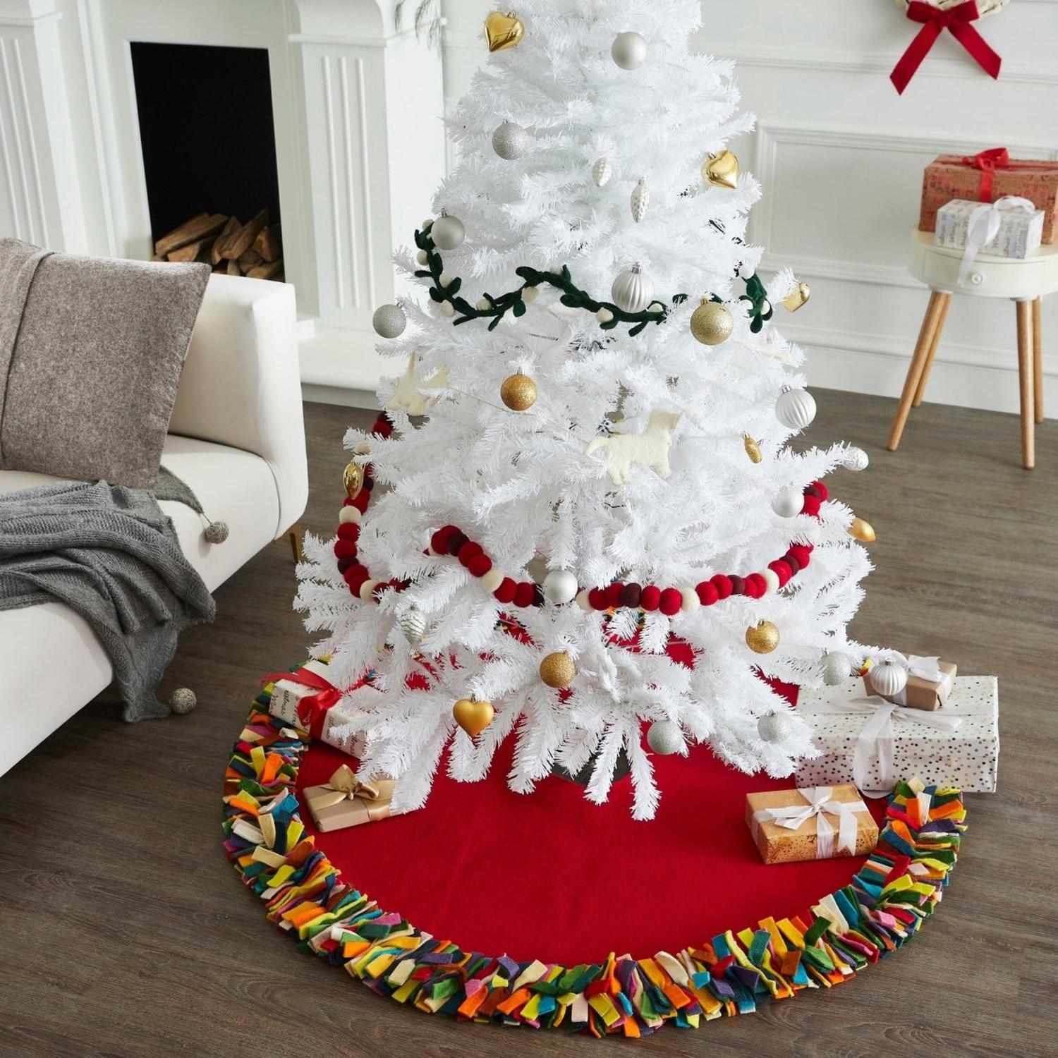 Handmade Felt Multicolor Fringe Border Red Wool Christmas Tree Skirt Arcadia Home