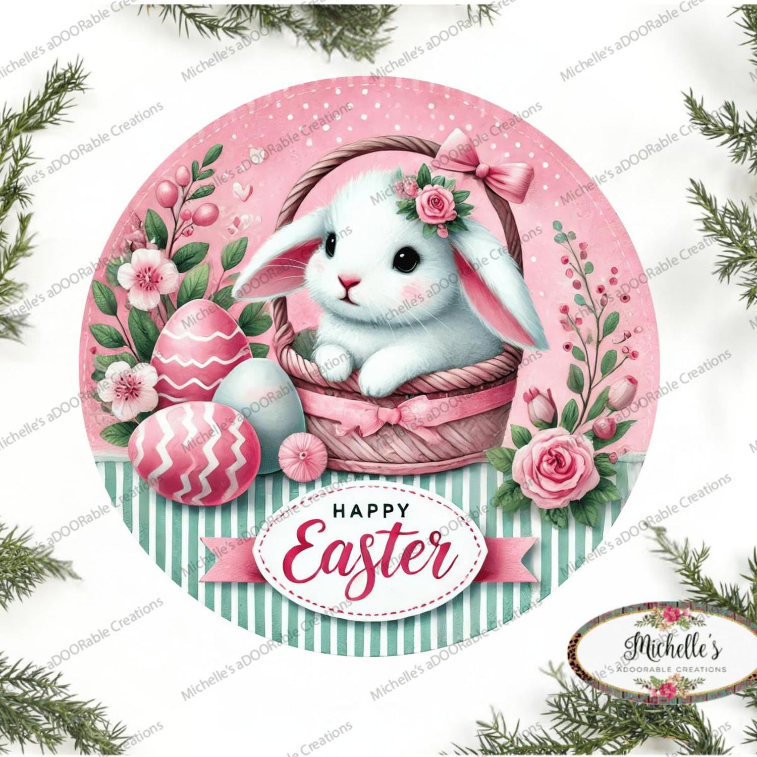 Happy Easter Bunny Basket Round Sign