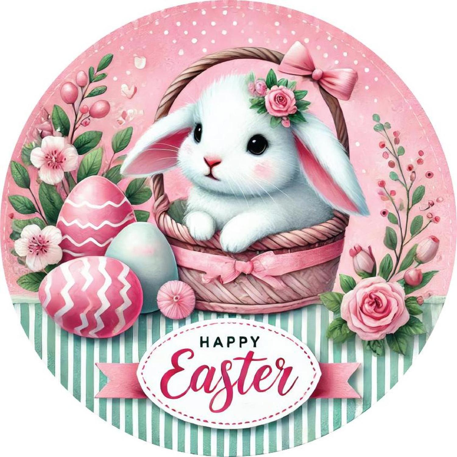 Happy Easter Bunny Basket Round Sign