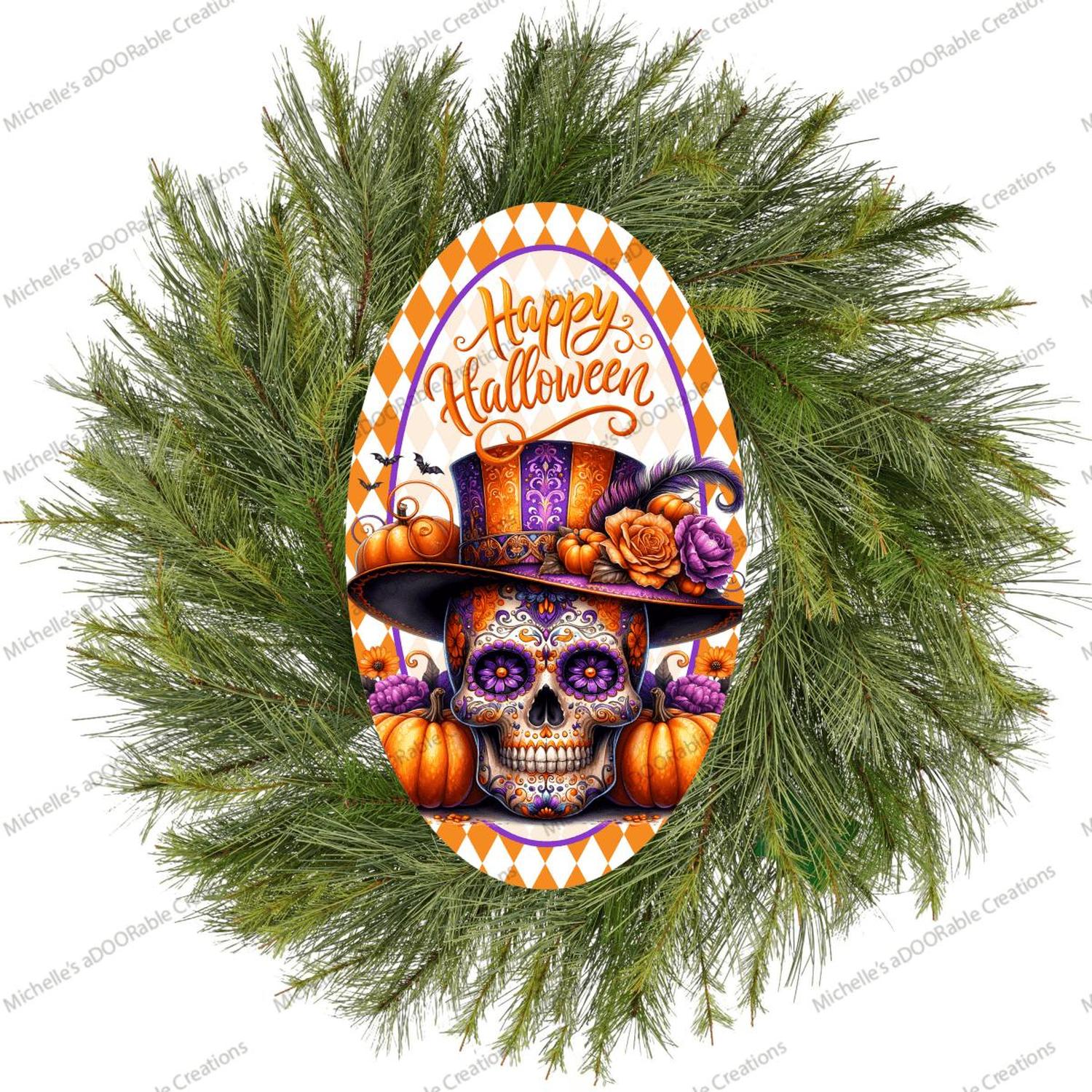 Happy Halloween Sugar Skull Oval Sign