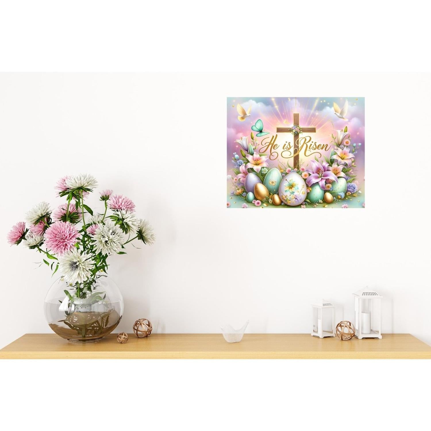 He Is Risen Cross Easter Eggs Metal Sign