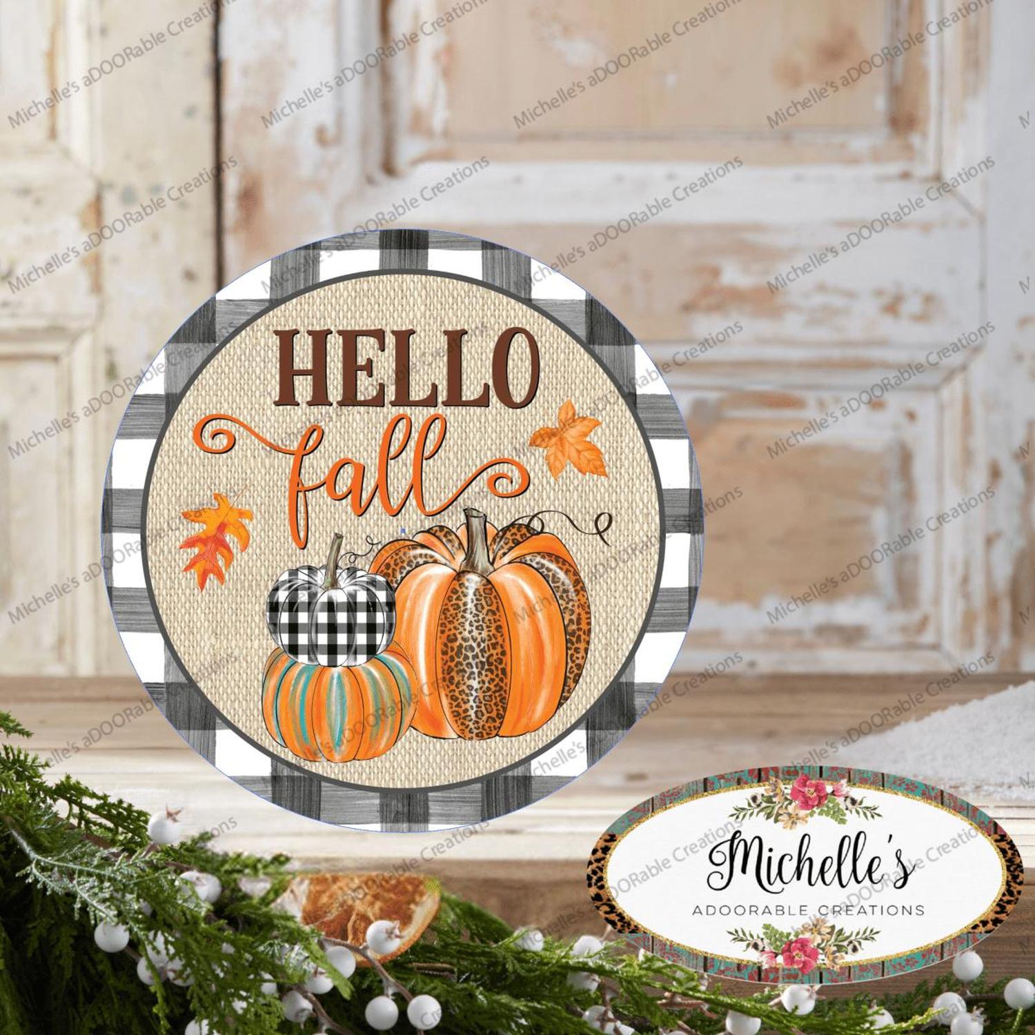 Hello Fall Leopard Pumpkins Black Plaid Sign