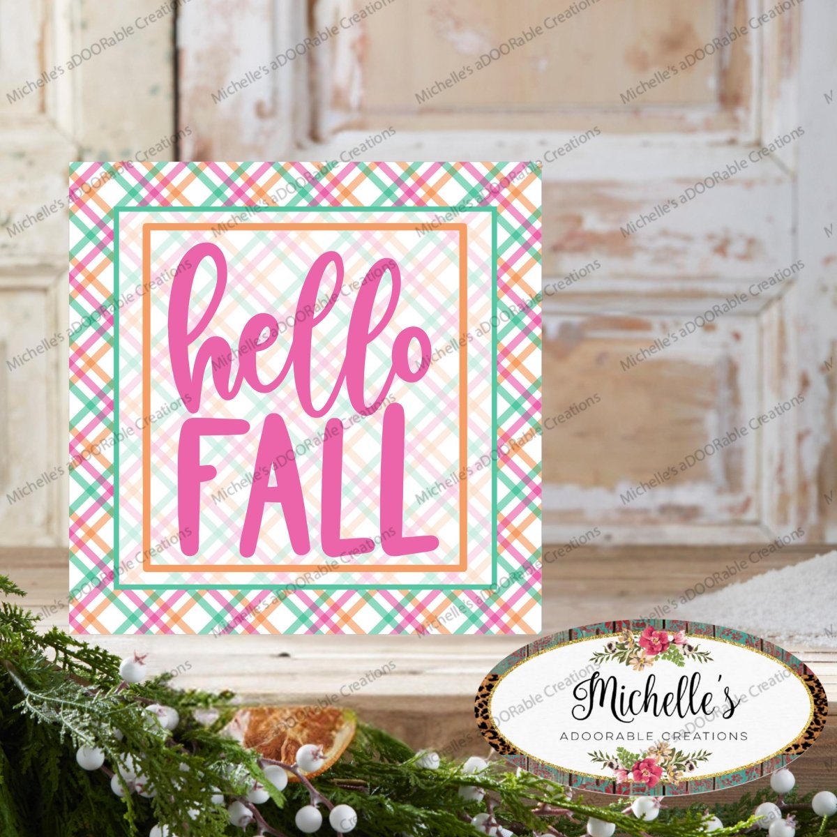 Shop For Hello Fall Pink Plaid Sign