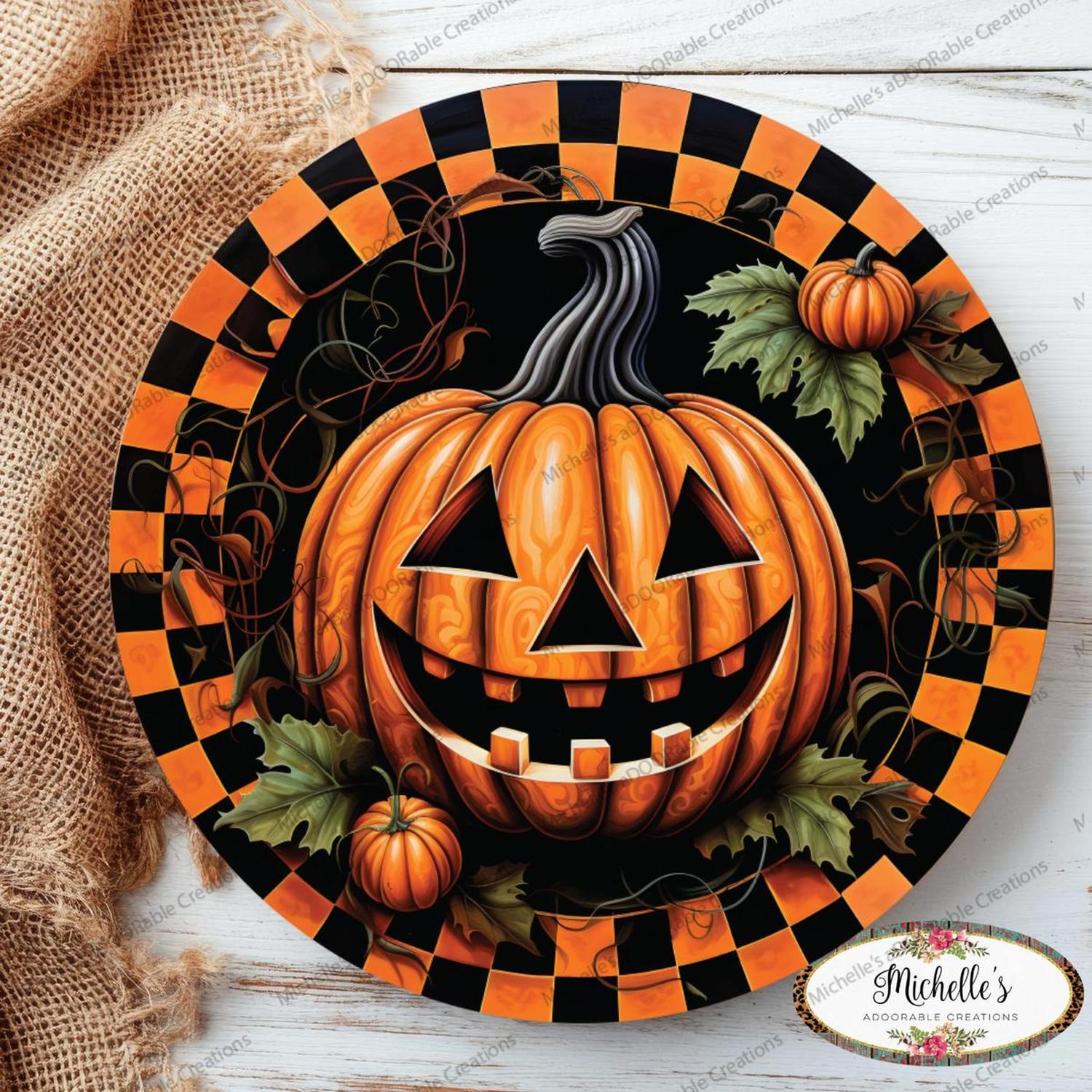 Jack O Lantern Checkered Pumpkin Sign