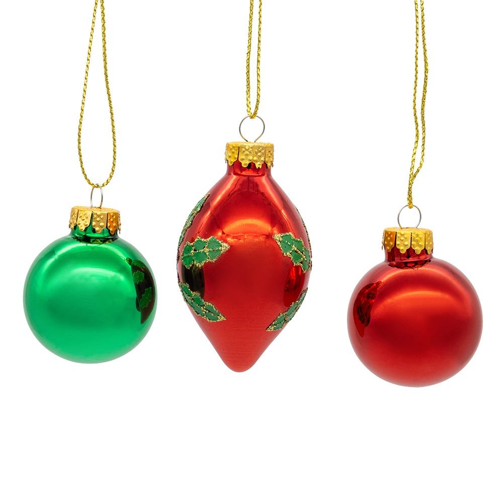 Shop For Kurt Adler 35MM Glass Green and Red With Holly Leaves Ball 12 - Piece Set