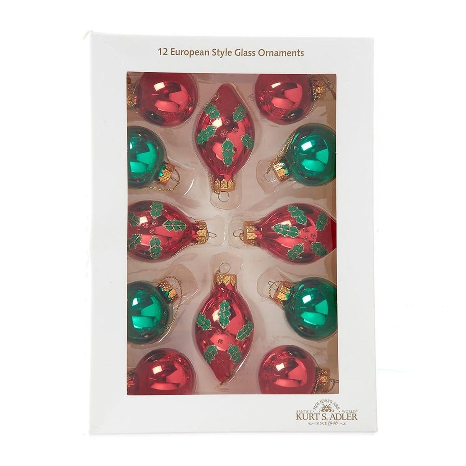 Kurt Adler 35MM Glass Green and Red With Holly Leaves Ball 12-Piece Set