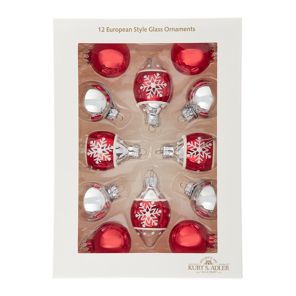 Shop For Kurt Adler 35MM Glass Red and Silver With Snowflake Ball 12 - Piece Set