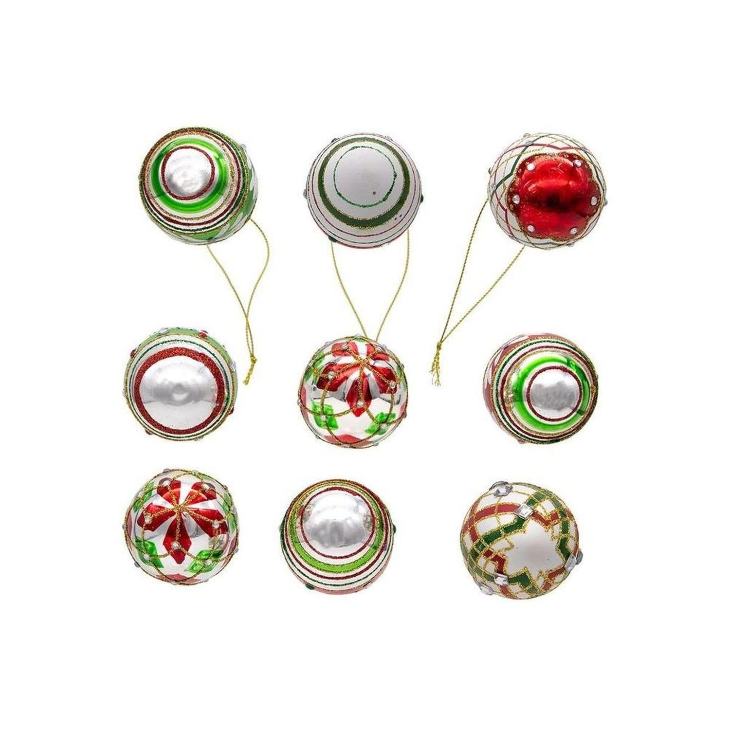Kurt Adler 45MM Glass Red and Green Decorated Eggs, 9 Piece Set