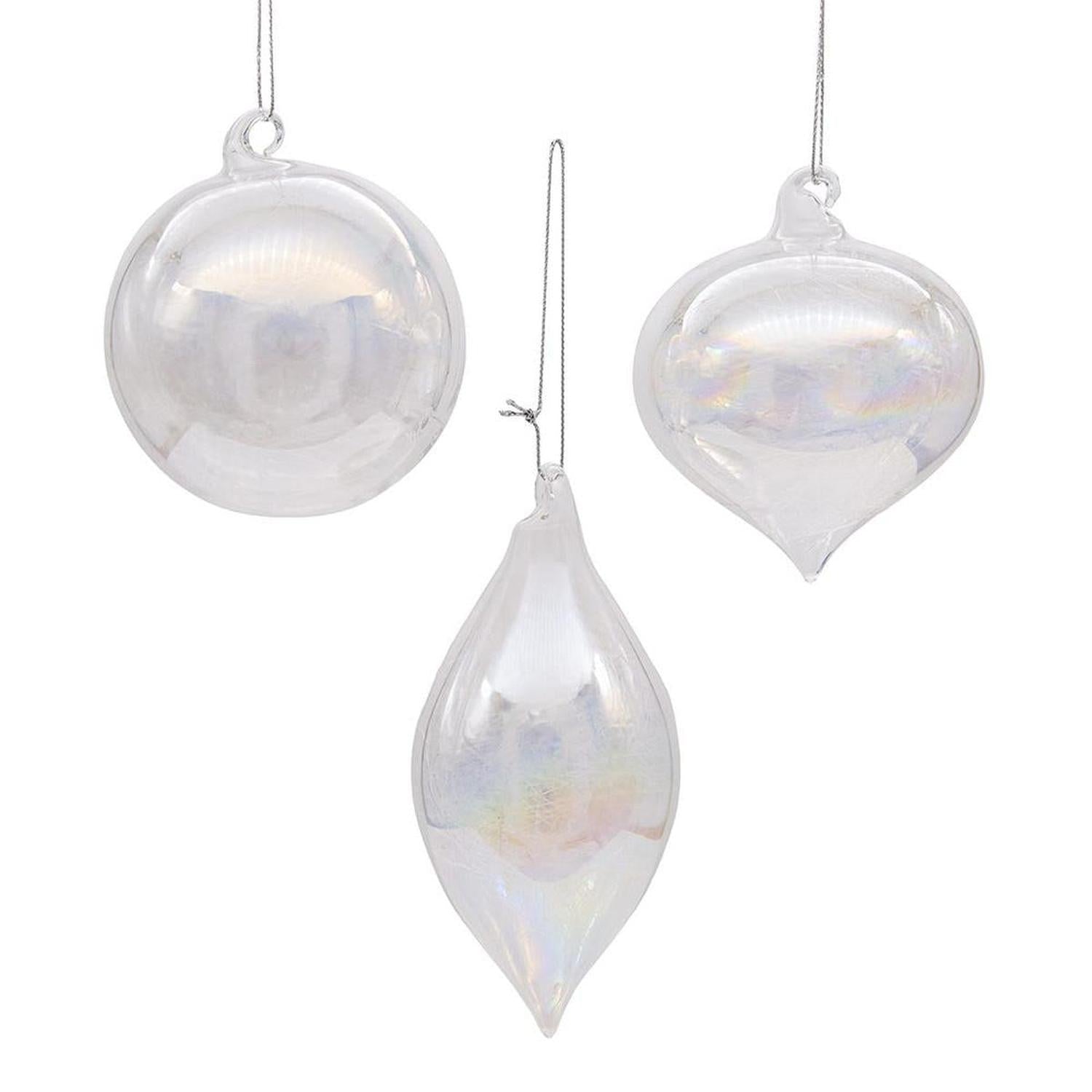 Kurt Adler 80MM Clear Iridescent Ball, Onion and Teardrop Ornaments, 3 Piece Set