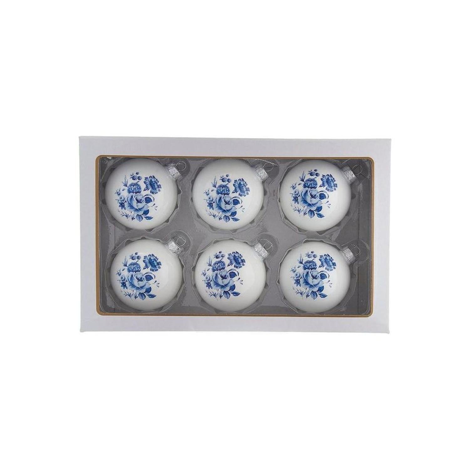 Kurt Adler 80MM Delft Blue Shiny Glass Ball Ornaments, 6-Piece Set