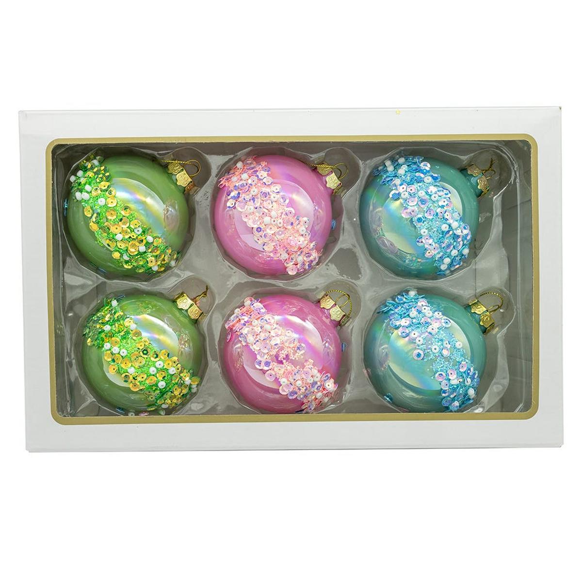 Shop For Kurt Adler 80MM Glass Pink, Blue and Green Glittered Ball Ornaments, 6 - Piece Box